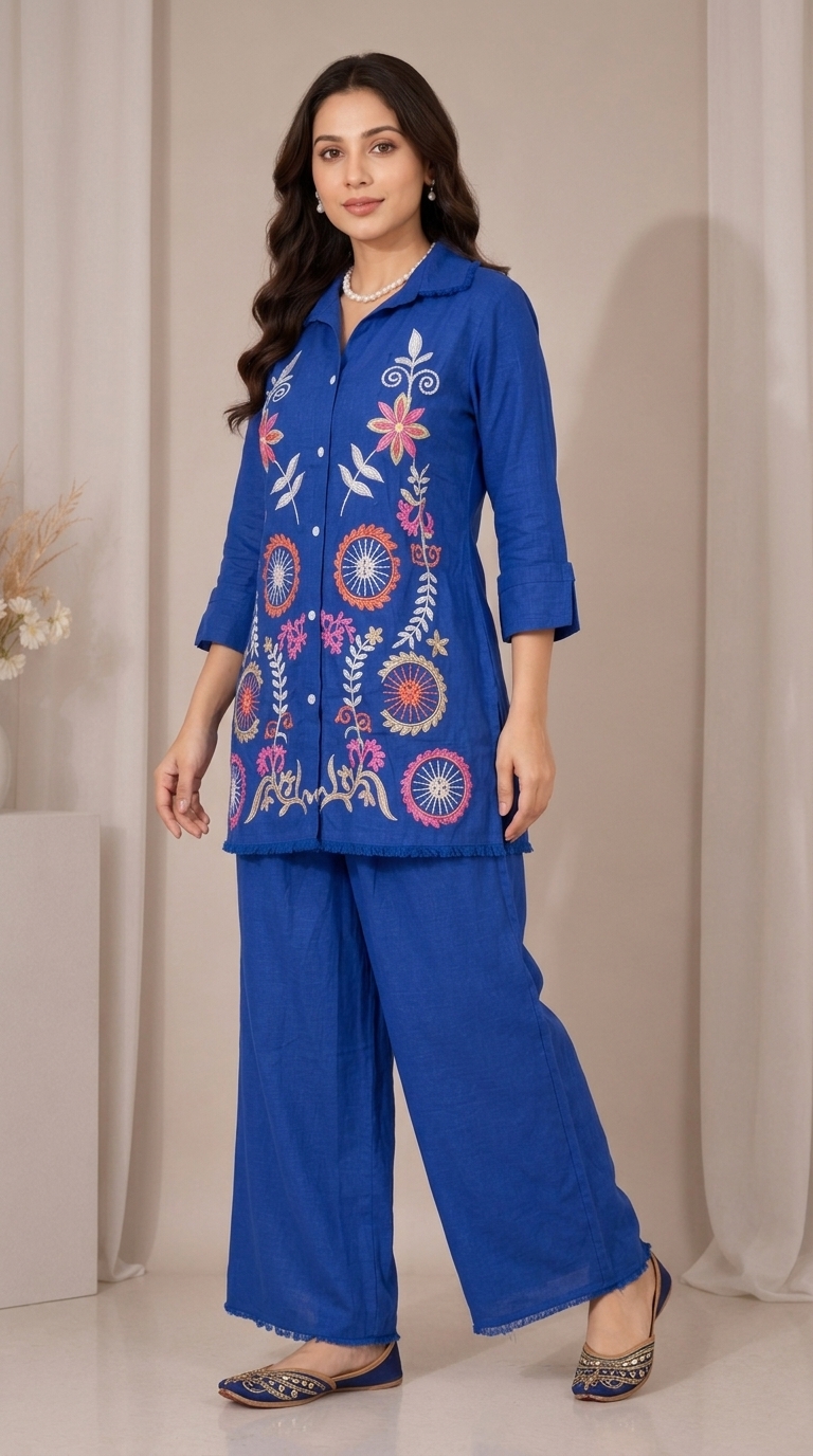 Royal Blue Embroidered Cotton Kurta Palazzo Set for Women