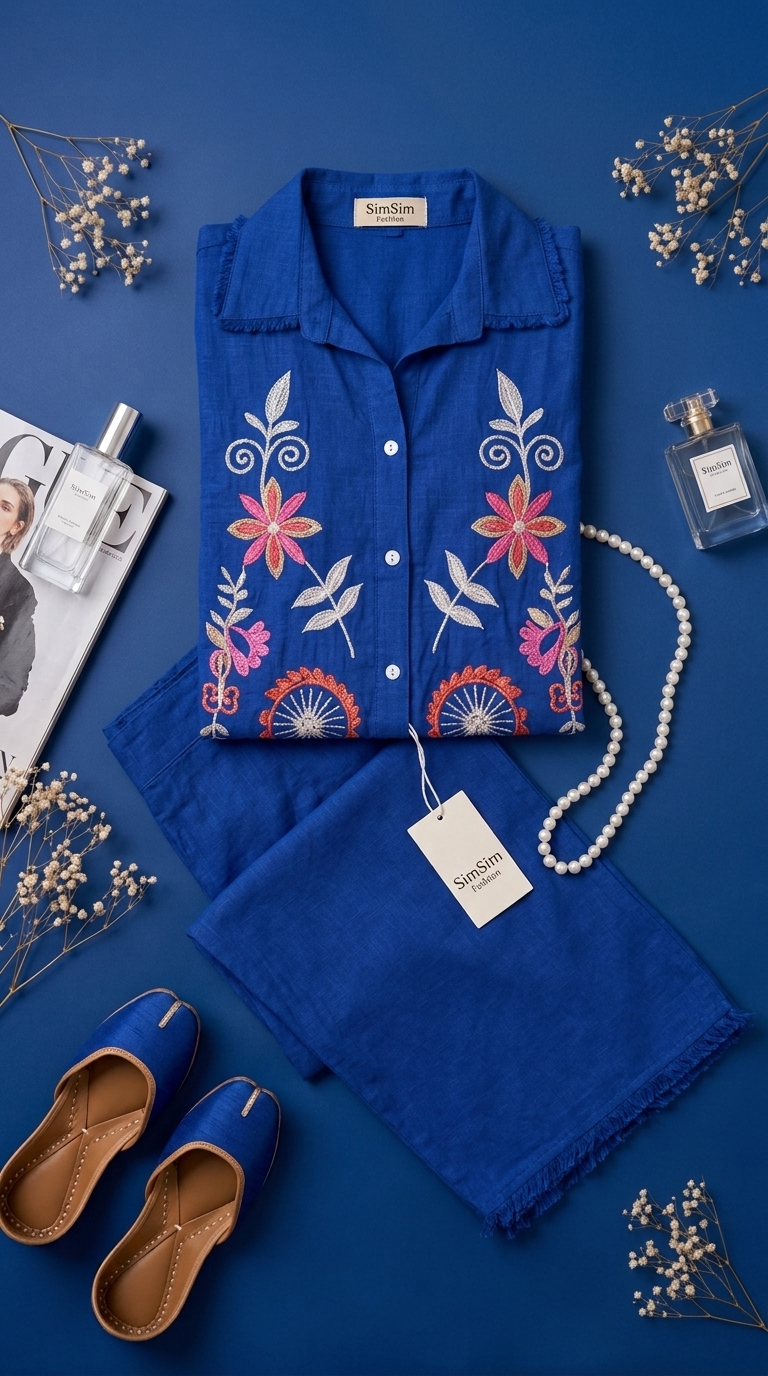 Royal Blue Embroidered Cotton Kurta Palazzo Set for Women
