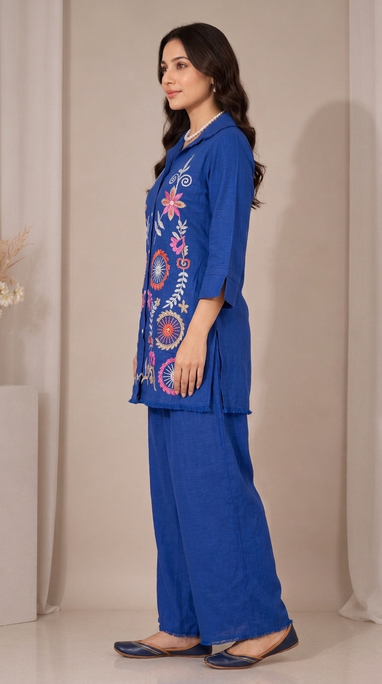 Royal Blue Embroidered Cotton Kurta Palazzo Set for Women