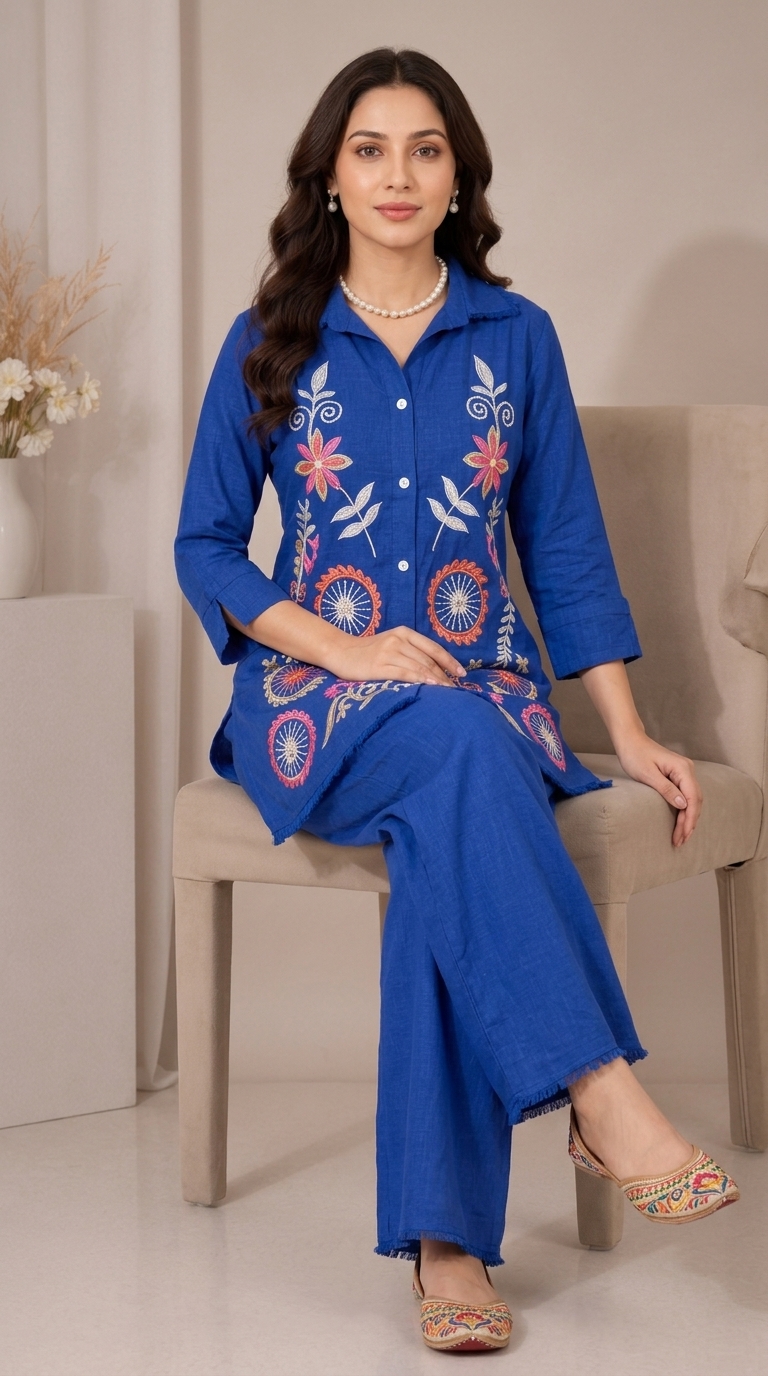 Royal Blue Embroidered Cotton Kurta Palazzo Set for Women