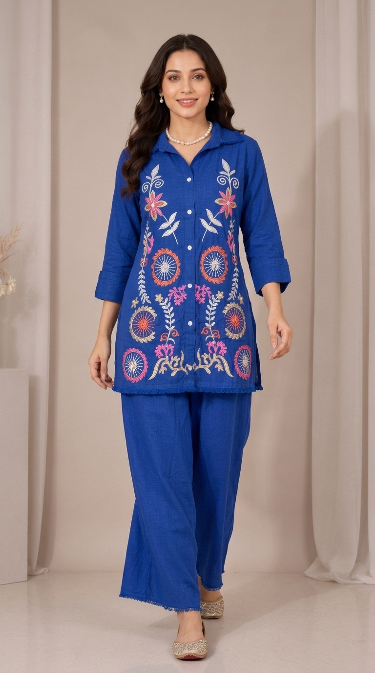 Royal Blue Embroidered Cotton Kurta Palazzo Set for Women