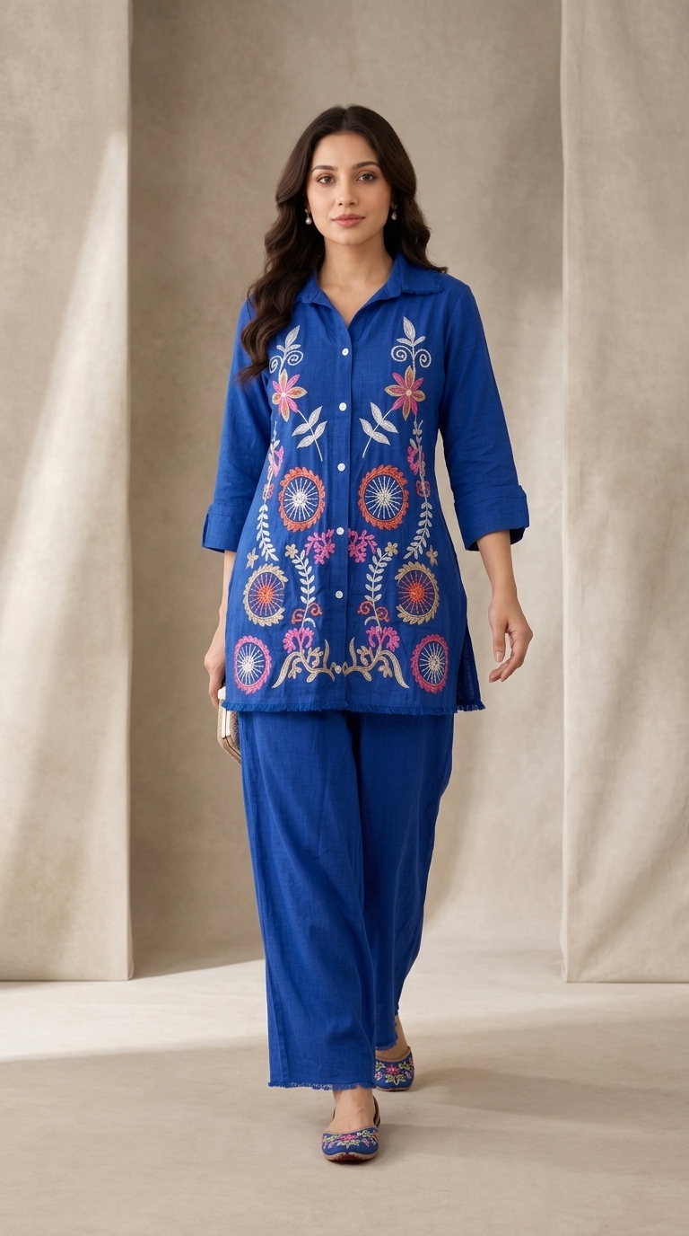 Royal Blue Embroidered Cotton Kurta Palazzo Set for Women